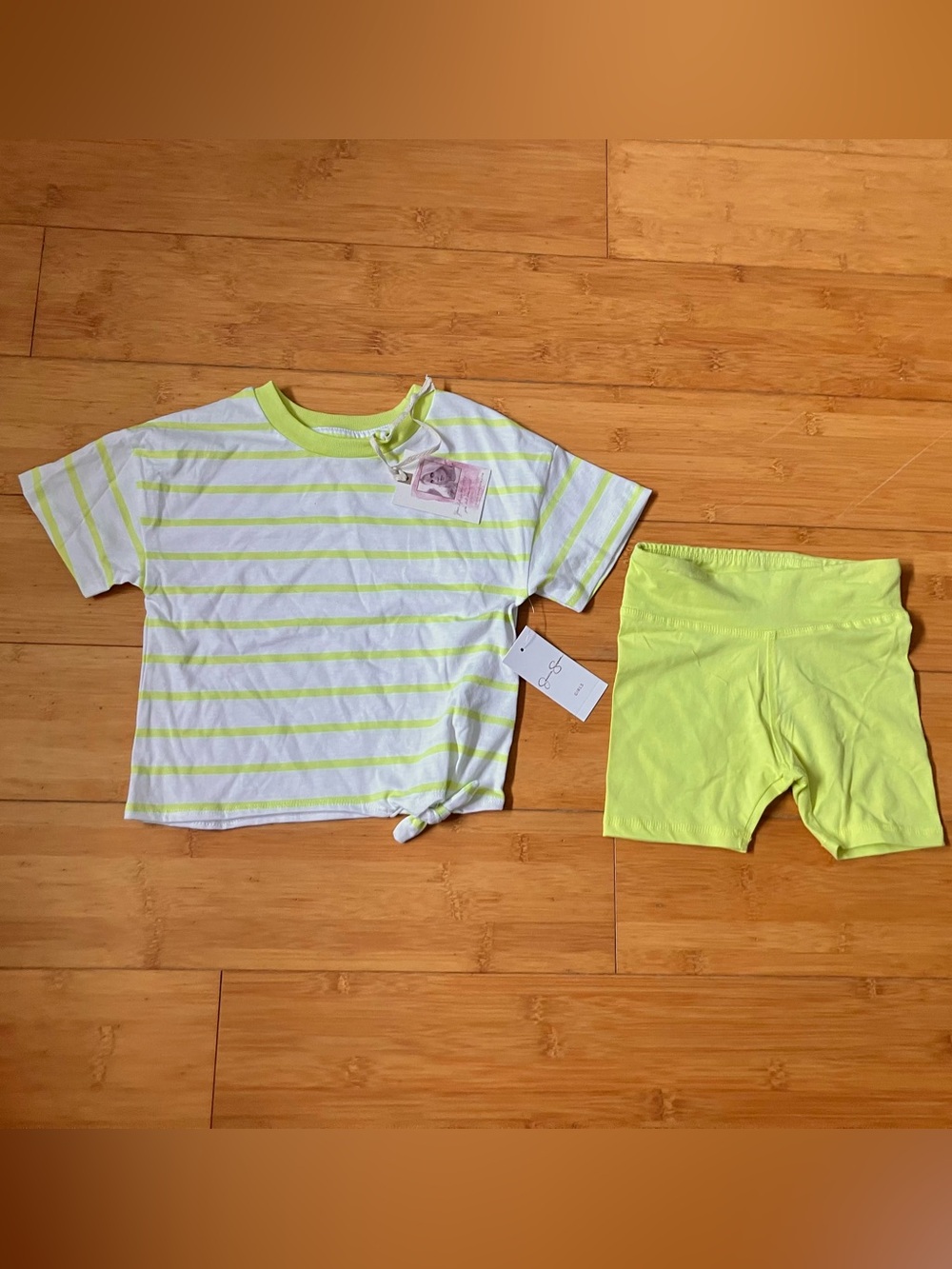 NWT Girls Size 3T Outfit - Neon Lime Striped Tee with Neon Line Bike Shorts Set